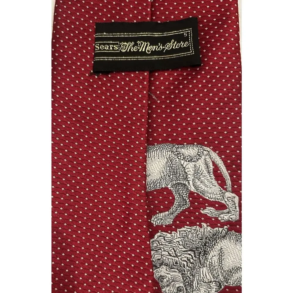 Vtg 70s‎ Allesandro Mens Tie Lions Head Red Microdot Polyester 4.5” Wide Necktie